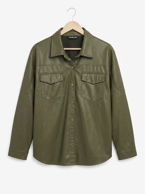 Cavalini Olive Green Leather Shirt Jacket- Unisex, Medium